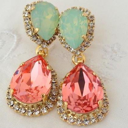 Peach coral mint Chandelier earring..