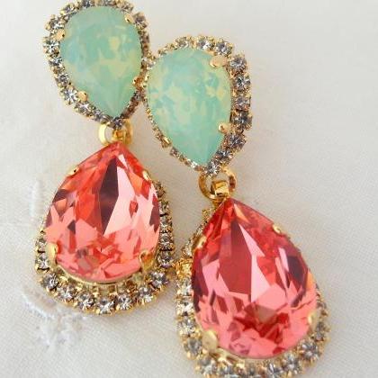 Peach Coral Mint Chandelier Earrings, Bridal..