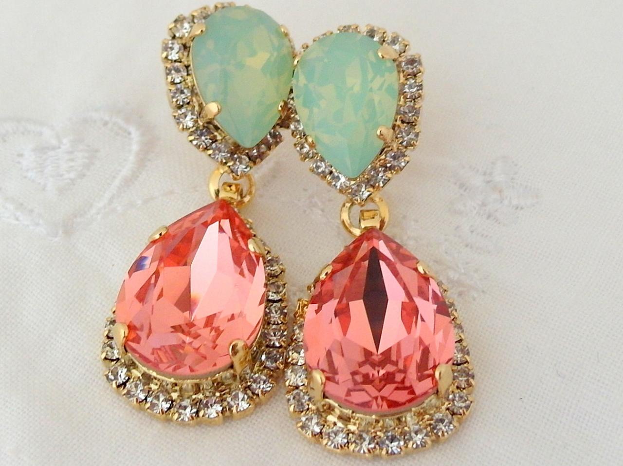 Peach Coral Mint Chandelier Earrings, Bridal Earrings, Drop Earrings, Dangle Earrings, Weddings Jewelry, Estate Style Swarovski Earrings