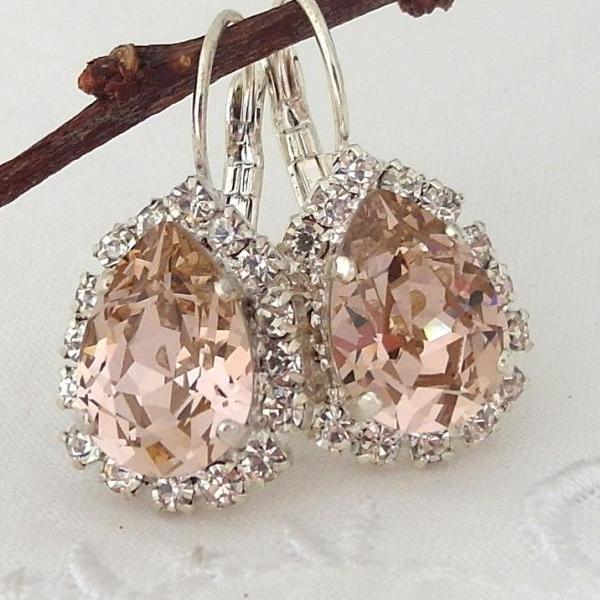 Blush Pink crystal teardrop earring, Drop earring, Swarovski Rhinestone Halo Earring, Bridal earring, Bridesmaid gift, Dangle earring Silver